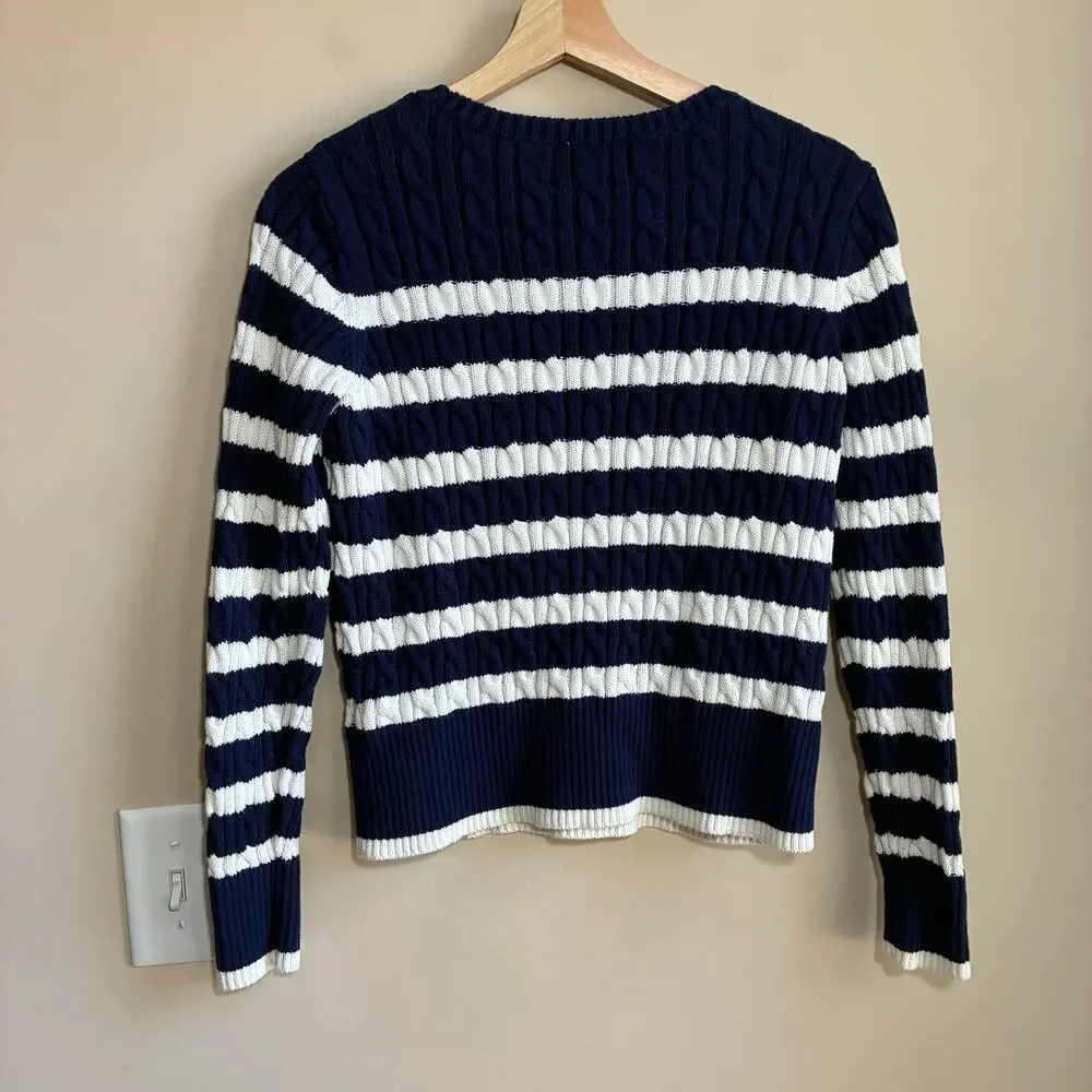 Lands' End blue white striped pullover cable knit sweater women's XS 100% cotton